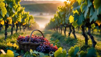 Grapes in Basket at Vineyard During Sunrise photo