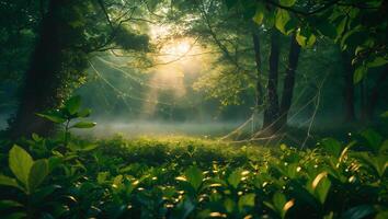 Forest with Sunlight and Spiderweb photo