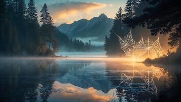 Lake with Mountains and Spiderweb photo
