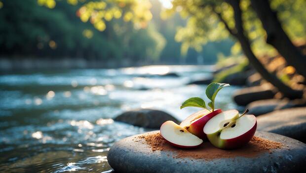 Apple Slices with Cinnamon on Stone by River photo