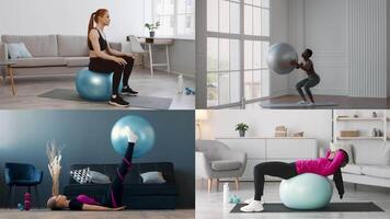 Active individuals perform a variety of exercises using gym balls in modern indoor settings. video
