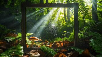 Mushroom and Spiderweb in a Forest Scene Through a Frame photo