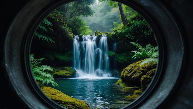 Waterfall in Lush Green Forest Through Round Window photo