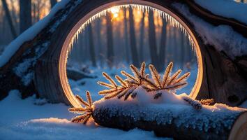 Winter Forest Scene with Round Wood Frame and Spruce Branch photo