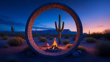Desert Landscape with Cactus and Fire Pit at Night photo