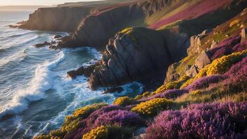 Coastal Cliff with Flowers and Waves Landscape photo