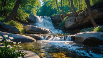 Waterfall Stream with Flowers and Rocks in Forest photo