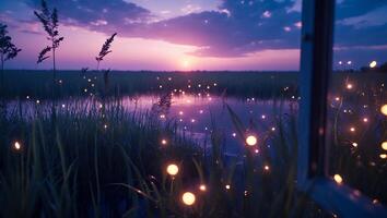 Fireflies Over Water at Sunset photo