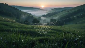 Dewy Spiderweb in Grassy Field at Sunrise photo