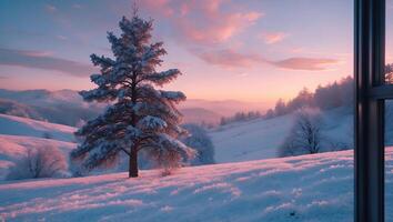 Snowy Tree on a Winter Landscape at Sunrise photo