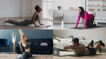 A diverse group of individuals performs different athletic exercises at home, showcasing healthy habits and an active lifestyle. Each person focuses on their workout routine in separate areas. video