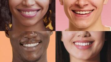 A diverse quartet of people smiles warmly against colorful backgrounds, conveying happiness. Their expressions reflect openness and connection, capturing a sense of community and positivity. video
