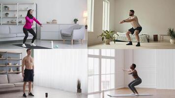 Four individuals of different backgrounds participate in at-home workouts focusing on strength and flexibility. Each person showcases unique exercises in bright, comfortable spaces. video