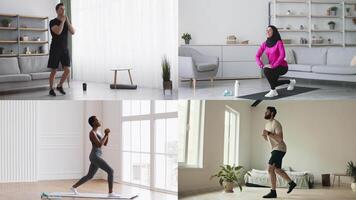 Four diverse people are seen performing different athletic activities at home. Each participant is focused on their workouts, emphasizing a commitment to fitness and well-being. video