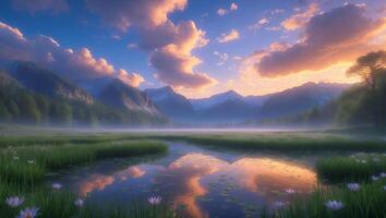 Mountain Lake Landscape at Sunrise with Clouds and Lilies photo