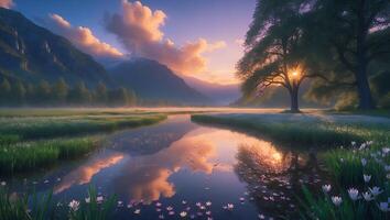 Mountain Landscape with Lake, Tree and Sunset Light photo