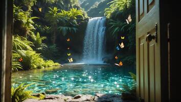 Waterfall with Butterflies Tropical Green Nature photo