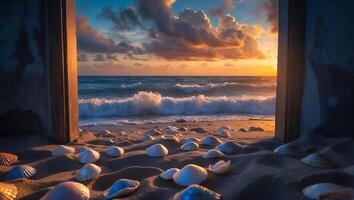 Seashells on Beach at Sunset Through Doorway photo