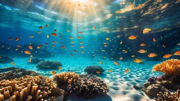 Underwater Scene with Fish, Coral, and Sunlight photo