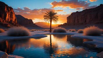 Desert Landscape with Palm Tree at Sunset and Water Reflection photo