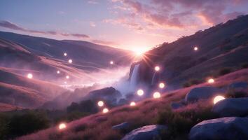 Scenic Landscape with Waterfall and Floating Orb photo