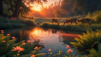 Deer Grazing by a River at Sunset photo