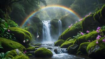 Waterfall with Rainbow in Lush Green Forest photo