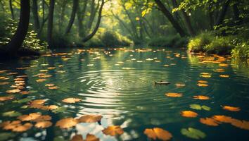 Fish in Pond with Leaf and Tree photo