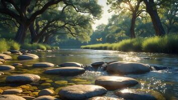 River Through Forest Landscape with Dragonfly photo
