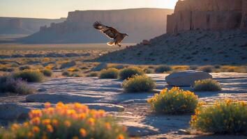 Eagle Flying Over Desert Landscape with Flowers and Cliffs photo