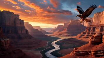 Eagle Flying Over Canyon Landscape at Sunset photo