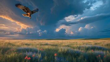 Hawk Flying Over Flower Field with Dramatic Sky photo