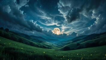 Night Sky Over Green Hills with a Full Moon and Stars photo