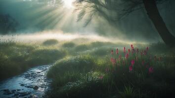 Foggy Meadow with Flowers and Stream photo