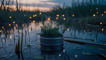Plant in a Tin on a Lake at Dusk photo