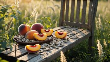Peach Slices on Wood Bench in Field photo