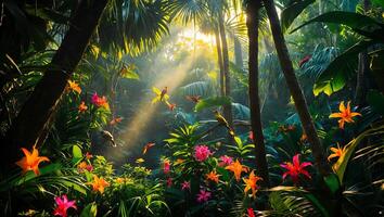Vibrant Flowers and Exotic Birds in Lush Jungle Scene photo