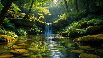 Waterfall in Lush Green Forest with Mossy Rocks and Clear Water photo