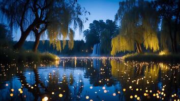 Willow Tree and Waterfall at Night with Lights photo