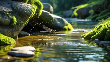 Dragonfly Touching Water with Mossy Rocks photo