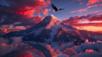 Eagle Flying Over Majestic Mountain at Sunset photo