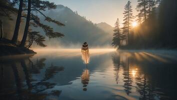 Feather on Misty Lake at Sunrise in Mountain Landscape photo