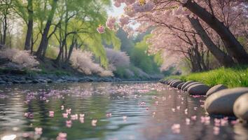 Cherry Blossoms Over River in Spring photo