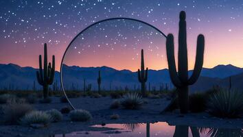 A mirror in the desert with cactus plants photo