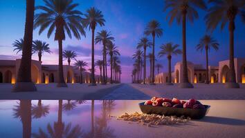 Dates and Nuts in Palm Tree Lined Oasis at Sunset photo