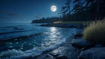 Night Ocean Scene with Moon, Waves, Trees and Rocks on the Coast photo