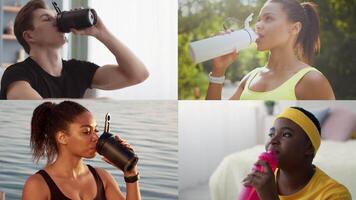 A dynamic collection of athletic individuals engaging in their fitness routines and taking a moment to hydrate with their water bottles. This collage showcases various settings and active lifestyles. video