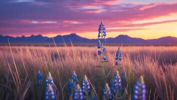 Blue Lupine Wildflower Field at Sunset Landscape photo