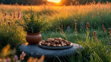 Almond Nuts and Potted Plant in Grassy Field at Sunset photo