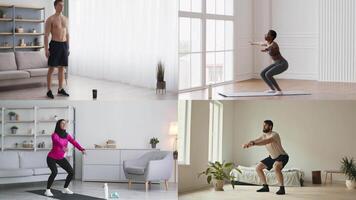 Across various settings, individuals of different backgrounds perform athletic exercises. Their activities range from squats to yoga, promoting a healthy and active lifestyle in serene environments. video